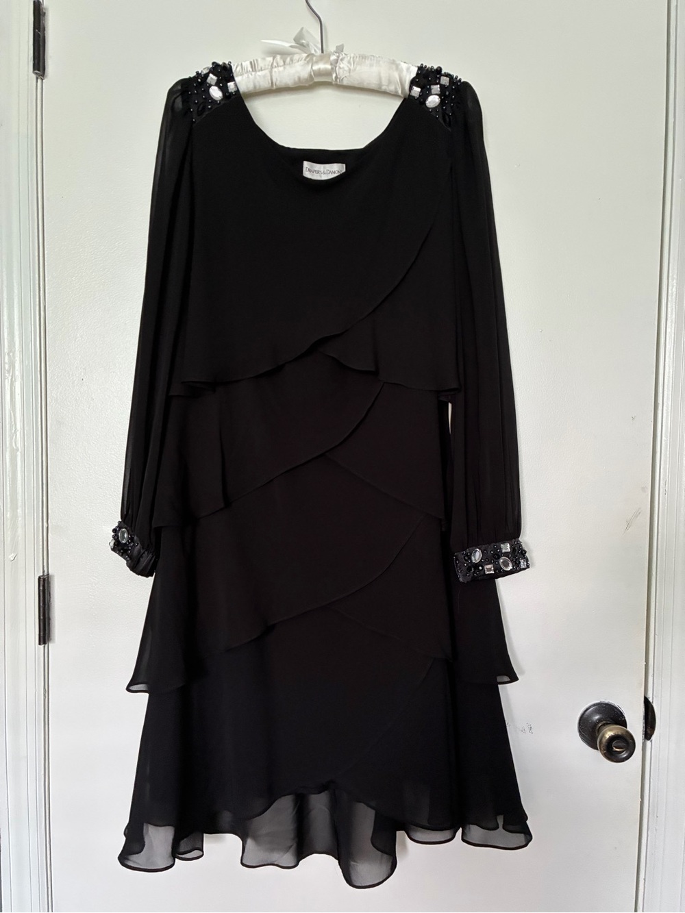 Black Beaded Long-Sleeve Layered Cocktail Dress